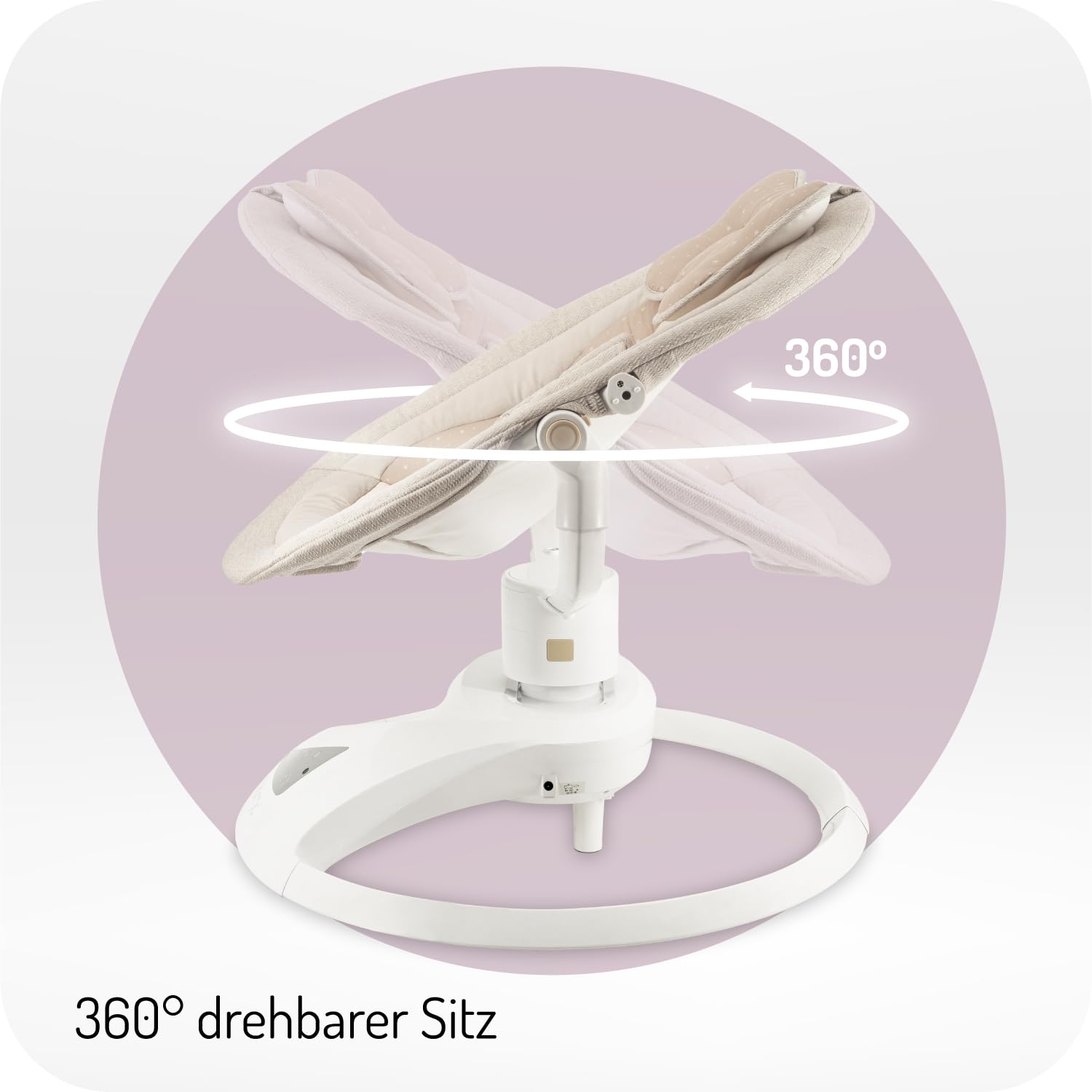 MoMi Babywippe PEARL für Babys bis 9 kg, 360° drehbarer Sitz, LED-Panel, Bluetooth, Fernbedienung, Batterie- oder Netzbetrieb, Netzteil mit USB-Kabel, 5-Punkt-Sicherheitsgurt, Bügel und Spielzeug