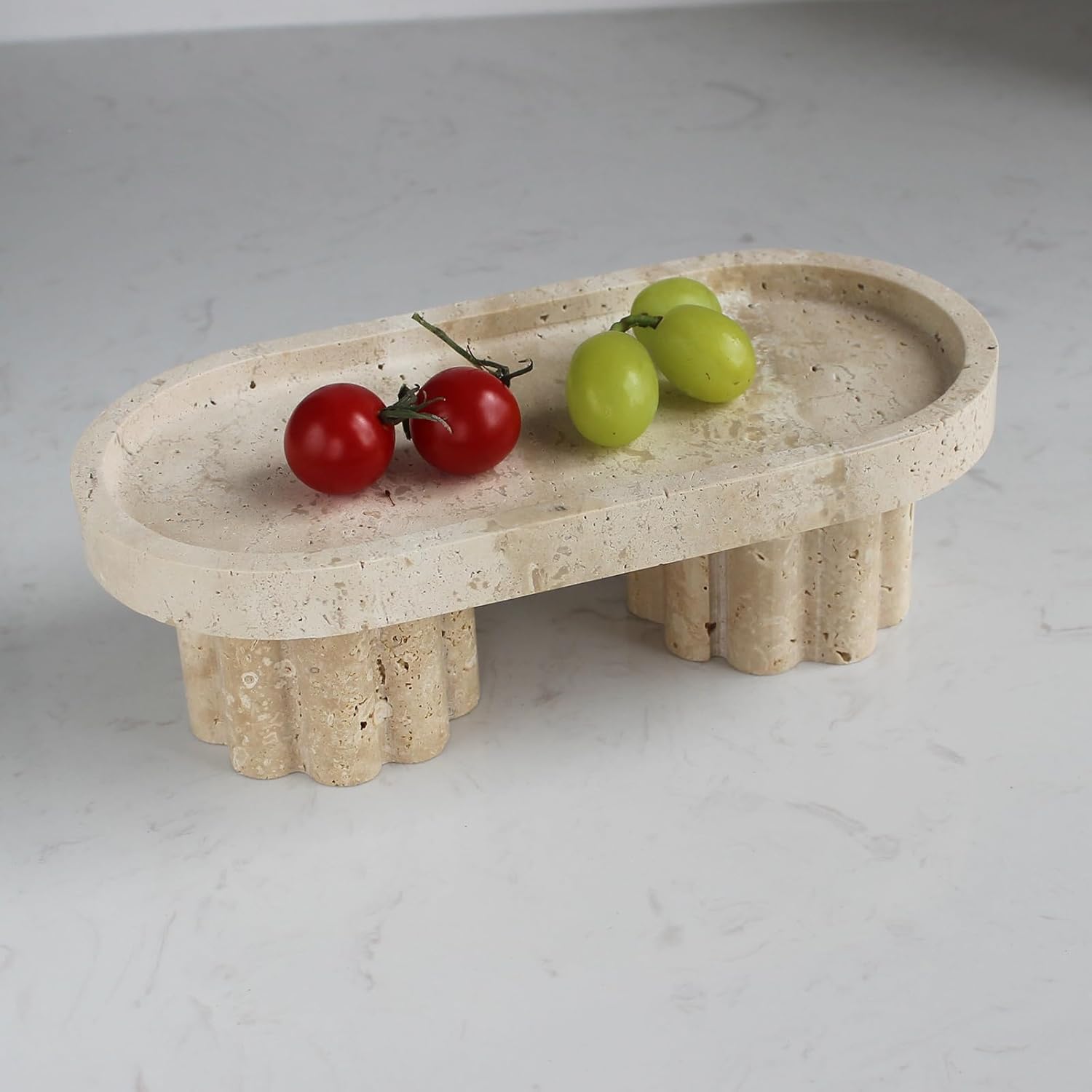 Natural Travertine Marble Oval Tray with 2 Legs, 10" Vanity Decorative Tray for Countertop Organizer, Catchall Tray for Perfume, Candles, Jewelry Dishv