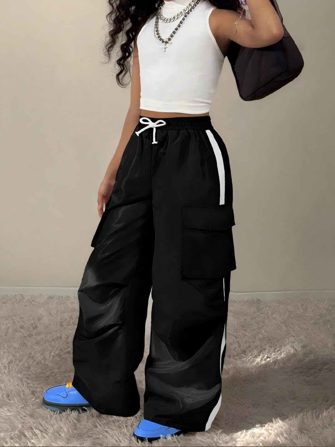 Girls Cargo Pants Wide Leg White Side Stripe Track Trousers with Pockets Baggy Streetwear Y2K Aesthetic