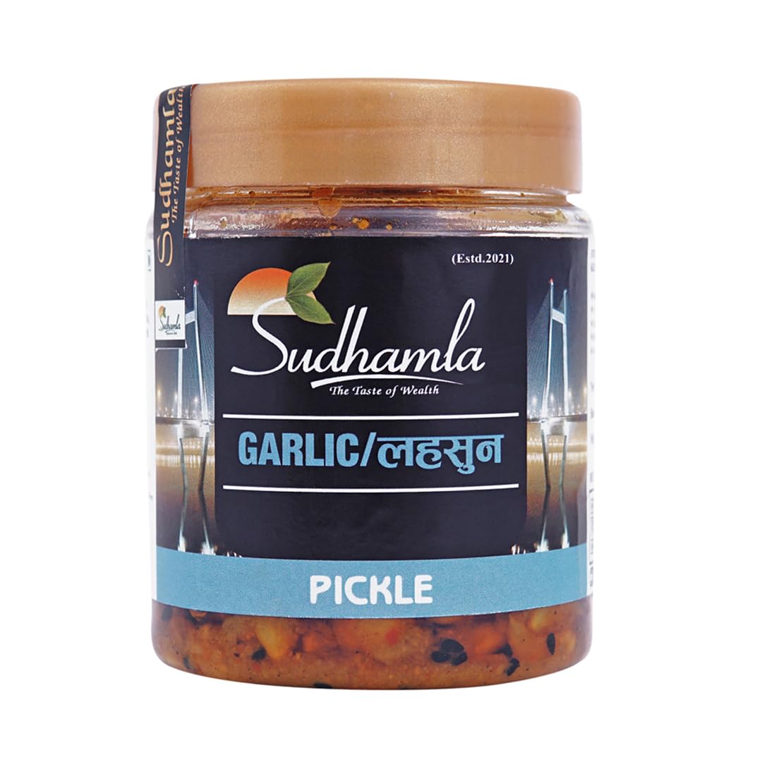 Garlic Pickle - 200 gm Sudhamla Handcrafted Gourmet Delight in Sunflower Oil Homemade Lahsun Ka Achar Flavorful Garlic Infused in Premium Olive Oil Tangy and Spicy with Garlic Pieces