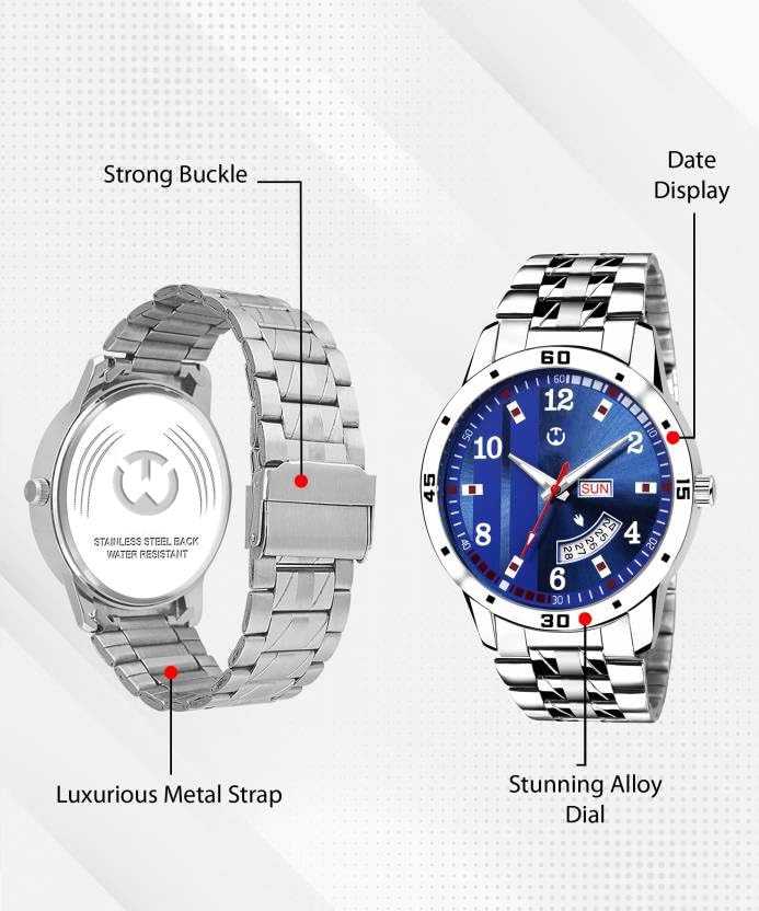 Image of Men's Analog wristwatch, Silver Stainless Steel Strap Blue Day & Date Dial, Water Resistant, Formal & Casual Wear, Gift Watch for Men