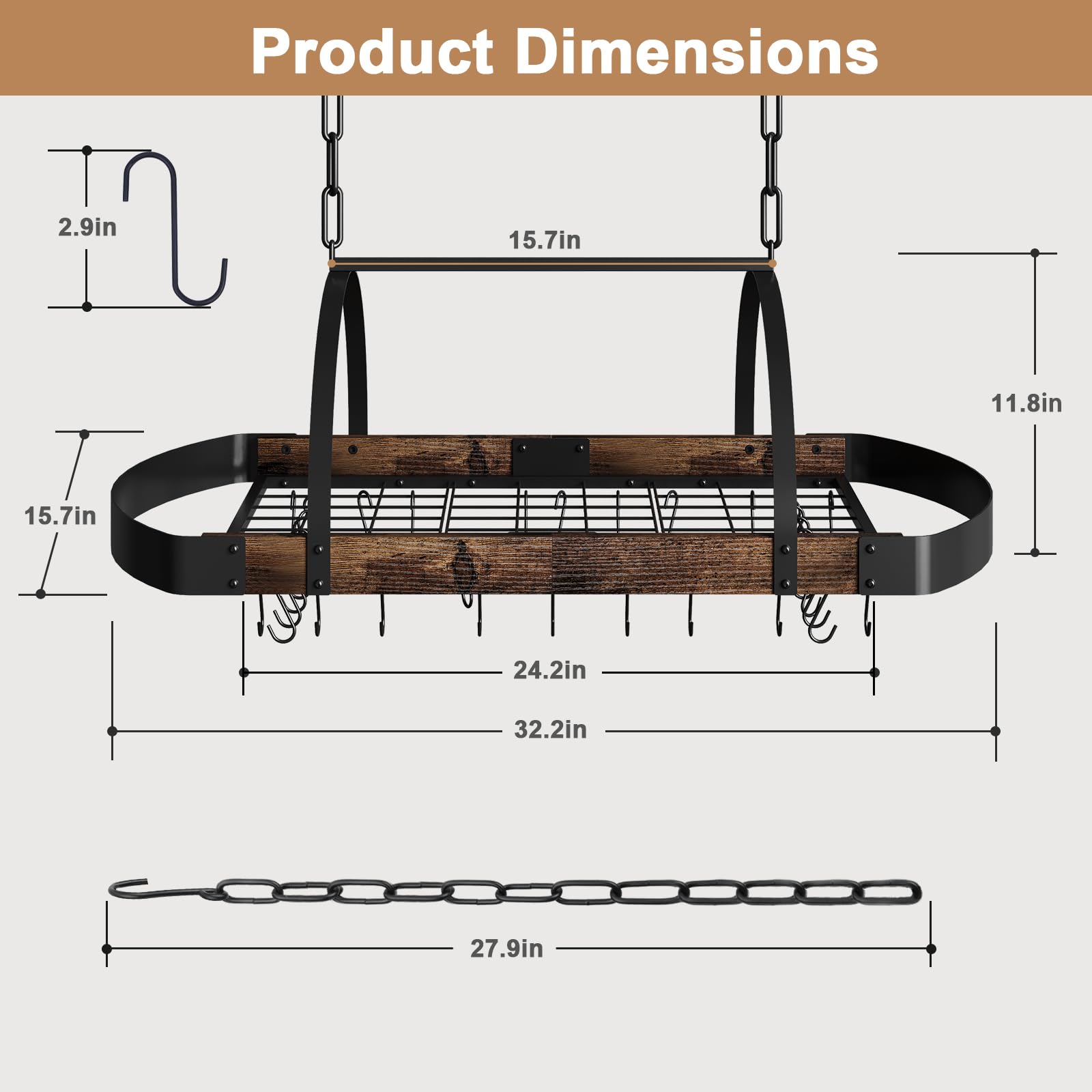 Hängendes Topfregal, 81,3 cm, Deckenregal für Küche, platzsparender Topfaufhänger mit 16 abnehmbaren S-Haken, stabiler Metallrahmen, Industrie-Stil, für Topf, Pfanne, platzsparend