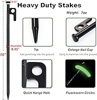 Vista 5 de 20 estacas de tienda de campaña, estacas resistentes de 16 pulgadas, estacas de acero forjado de 0.35 pulgadas de diámetro resistentes para tienda