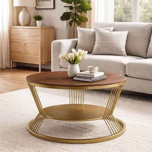 EDEUEQUE Modern Coffee Table Round Simple Coffee Tables with Storage Shelf with 1-Tier Storage Shelves, Center Table Minim...
