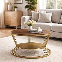 2-Tier Round Coffee Table with Open Storage Shelf Wooden Tabletop Metal Frame Simple & Modern End Table for Small Space Center Table for Living Room Golden Brown