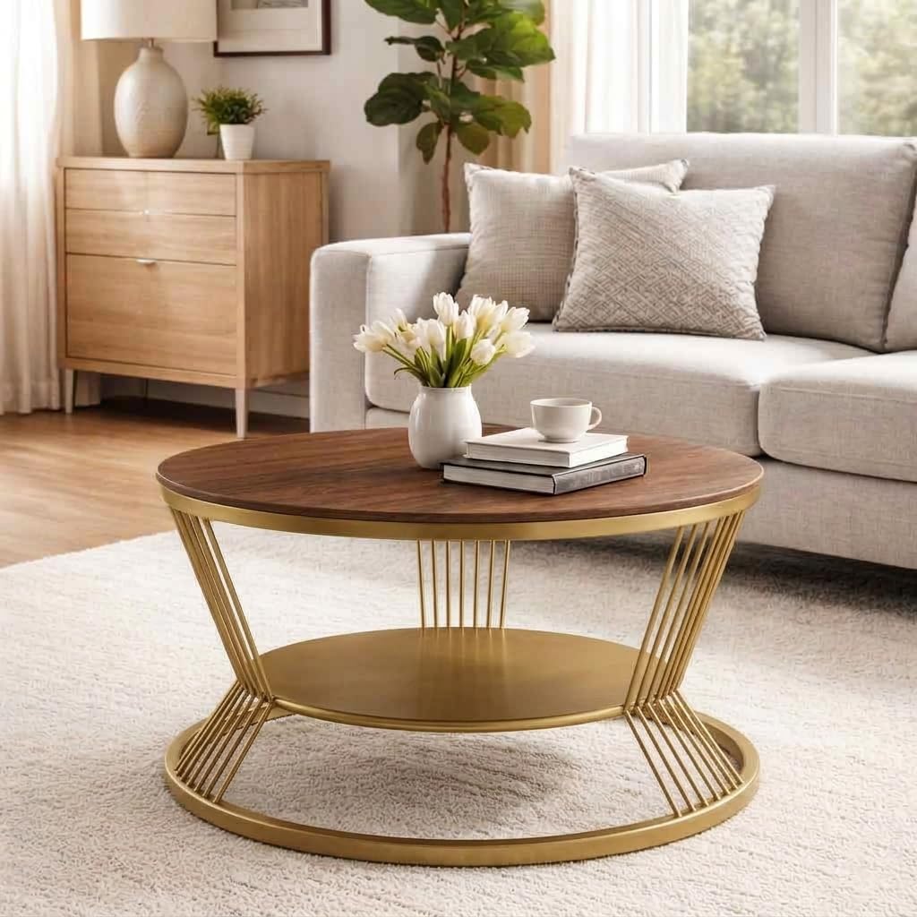 2-Tier Round Coffee Table with Open Storage Shelf Wooden Tabletop Metal Frame Simple & Modern End Table for Small Space Center Table for Living Room Golden Brown-image-25