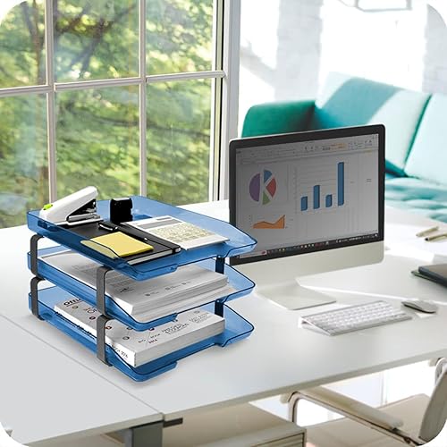 Miniatura 2 de Acrimet Bandeja tradicional de 3 niveles, diseño de carga frontal, tamaño de letra A4, organizador de escritorio (plástico) (color azul transparente)