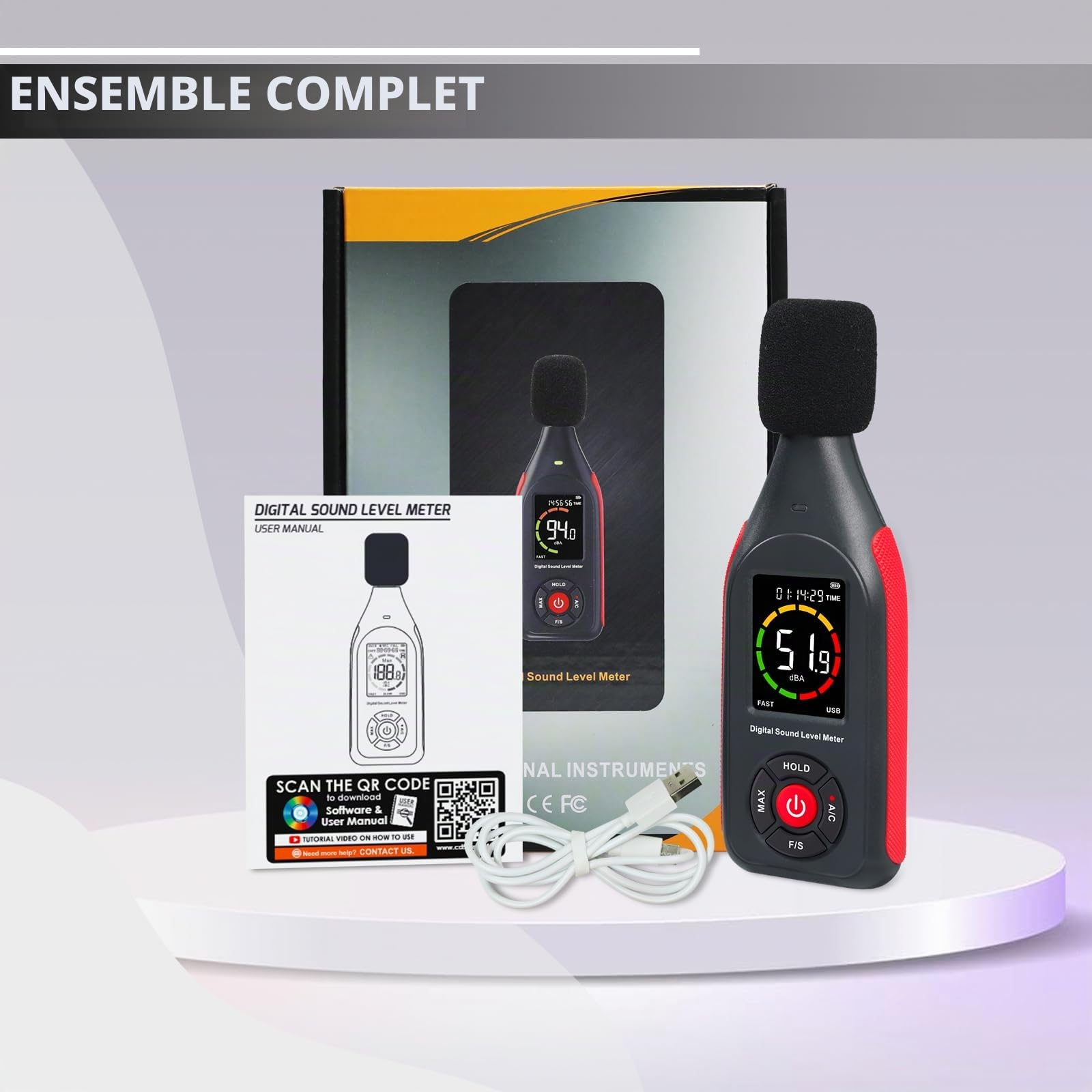 Testeur de niveau sonore avec enregistreur de données portable, sonomètre avec enregistrement de 31 000 données et exportation, sonomètre rechargeable avec sortie fréquence CA/CC, alarme 3 couleurs