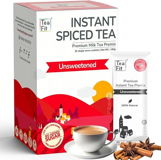 TeaFit Premium NO SUGAR Instant Masala Tea Premix | Pack of 10 Sachets (140gm) | Real Milk &amp; Spices | Strong, Home Style M...