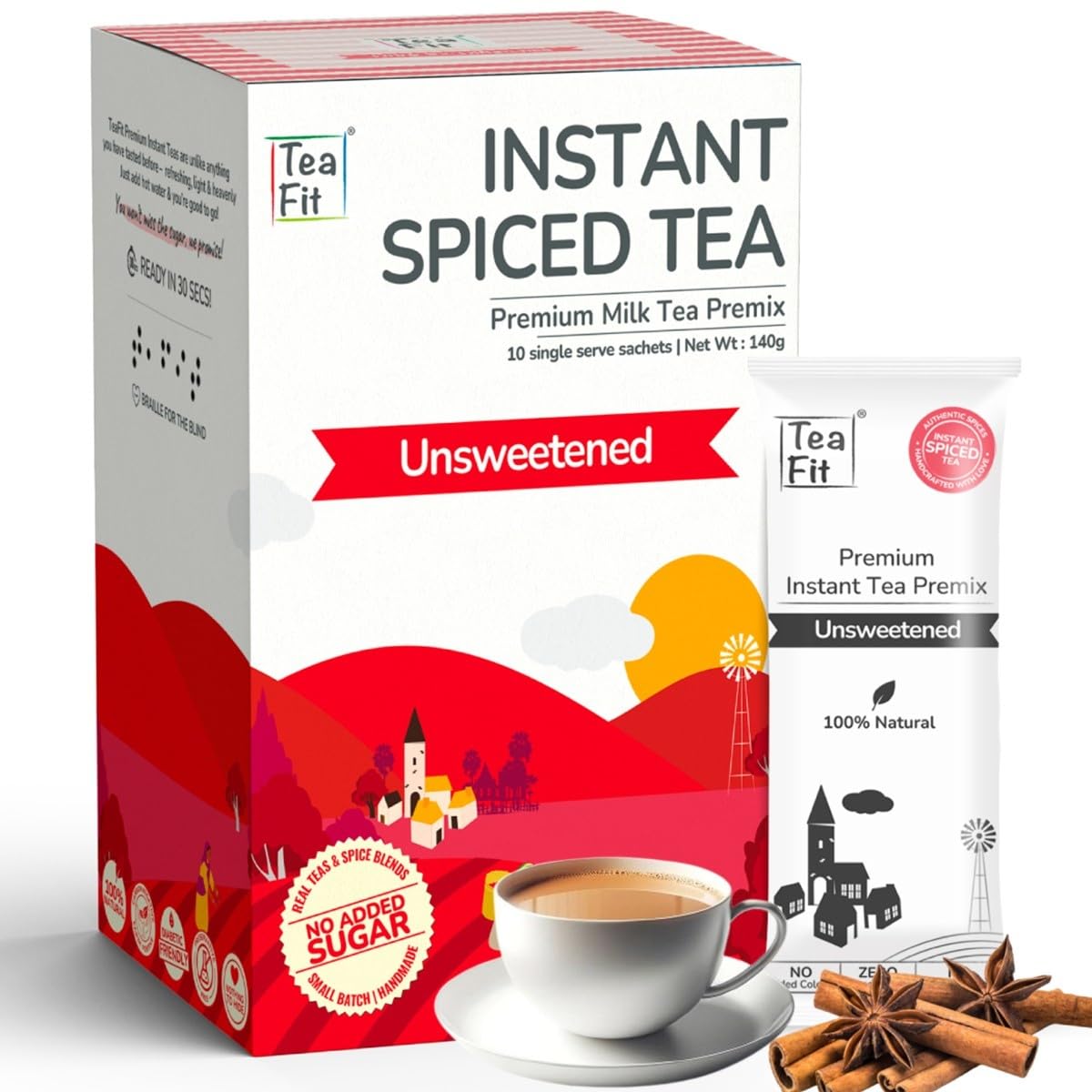 TeaFit Premium NO SUGAR Instant Masala Tea Premix | Pack of 10 Sachets (140gm) | Real Milk & Spices | Strong, Home Style M