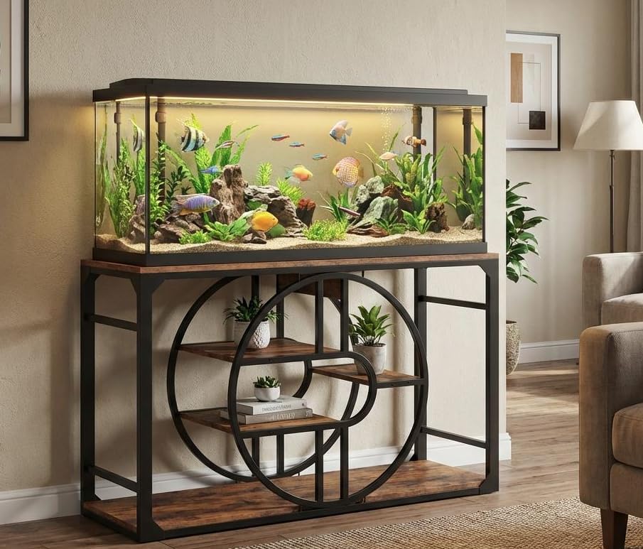 GarveeHome 55-75 Gallon Metal Aquarium Stand Heavy-Duty Fish Tank Stand with Multi-Tier Storage Cabinet & Thickened Legs Suitable for Turtle/Reptile Terrarium Aquatic Accessories Organizer