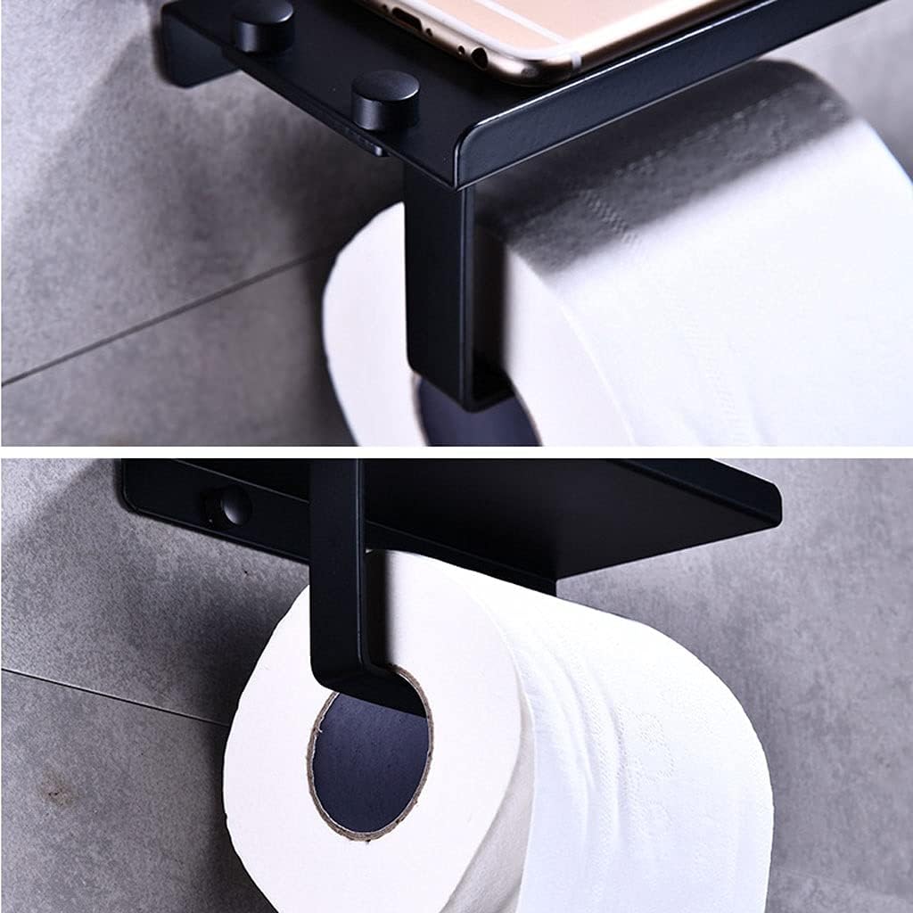 Tissue Roll Holder Toilet Paper Holder Black with Shelf, Space Aluminum Toilet Paper Holder Wall Mounted Tissue Roll Dispenser for Bathroom Bathroom Hardware