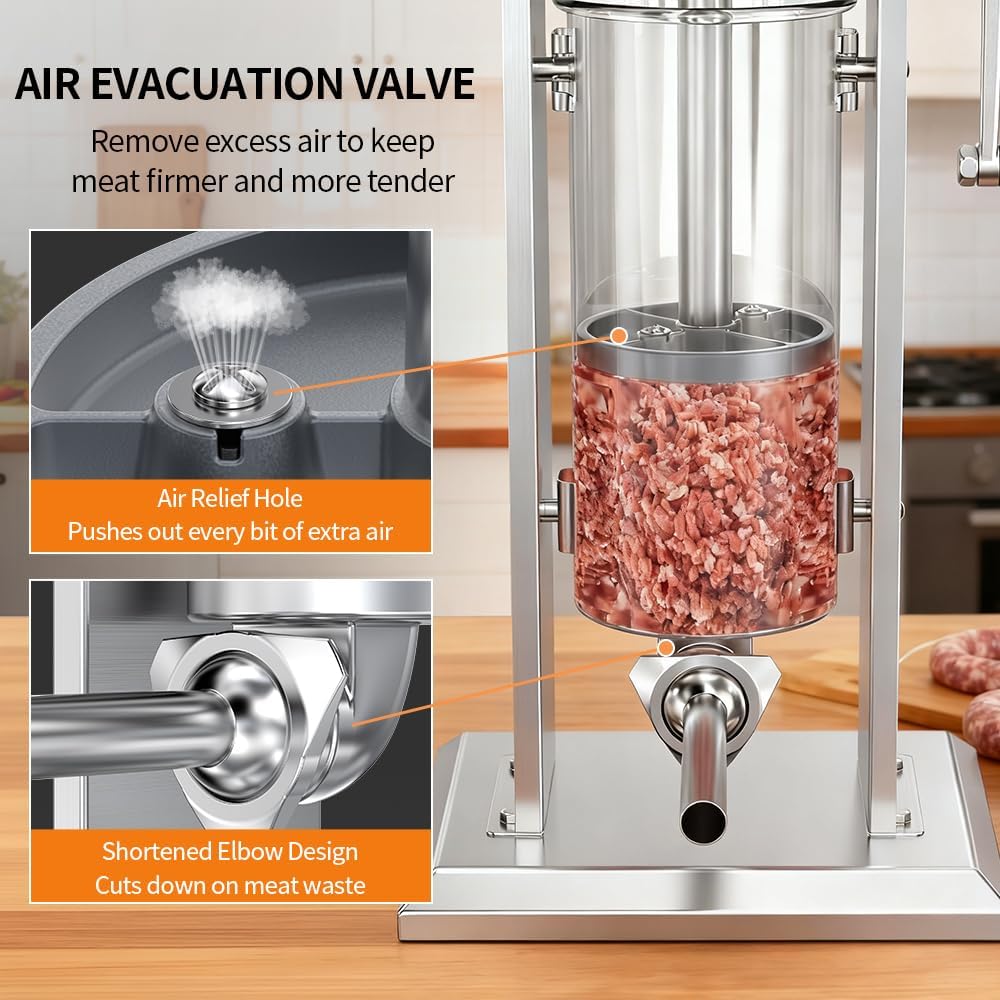 BOOROS Manual Sausage Stuffer 5L/11Lbs Vertical Meat Stuffer,Two Speed Stainless Steel Sausage Maker and Hand Crank Churro Maker Machine with 4 Stuffing Tubes and Cleaning Brush for Kitchen,Restaurant