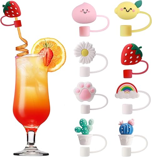 Juego de 9 fundas para pajilla, bonitas fundas de popote de dibujos animados para popotes reutilizables, puntas de popote de silicona con bolsa de