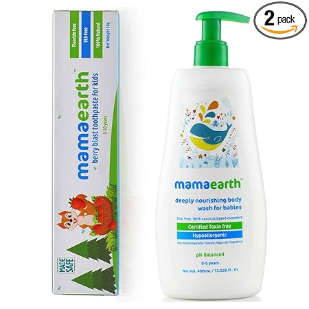 Mamaearth 100 Percent Natural Berry Blast Kids Toothpaste, 50g ?nd Nourishing Baby Wash (400 Ml, 0-5 Yrs)
