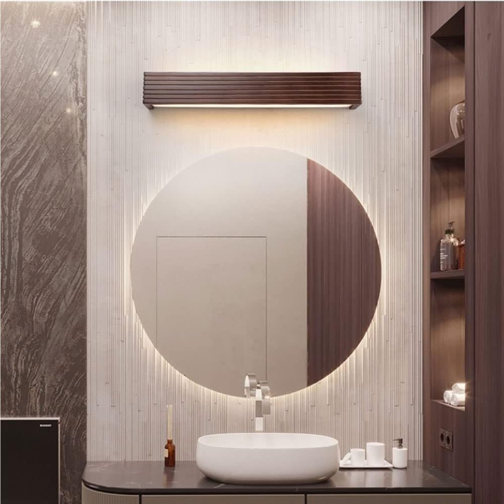 Drewniana lampa ścienna LED z wbudowanym lustrem, nowoczesny styl, długa i minimalistyczna, idealna do makijażu, sypialni lub przedpokoju (ciepłe światło, 55 cm).