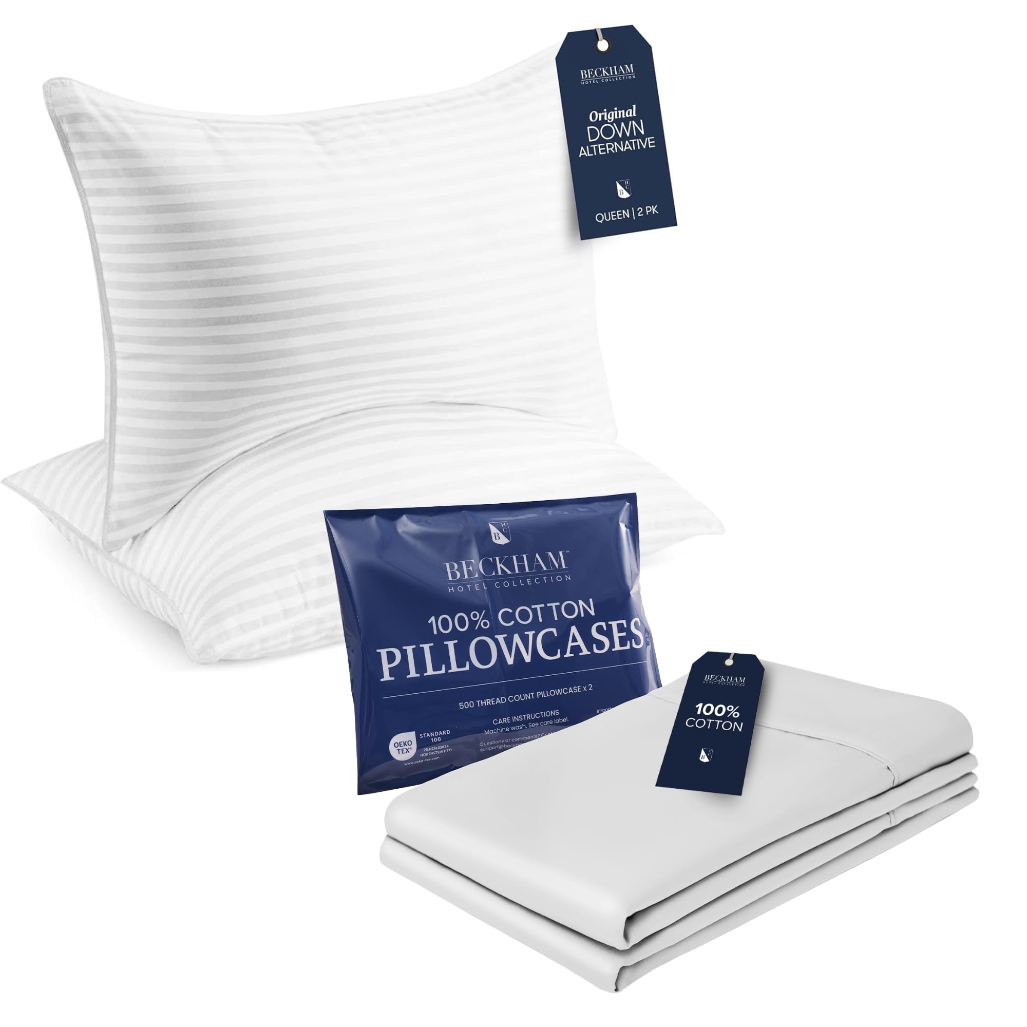 Beckham Hotel Collection Queen Pillows with Cotton Pillowcases Sets of 2 Soft Down Alternative Pillows Open End Cases