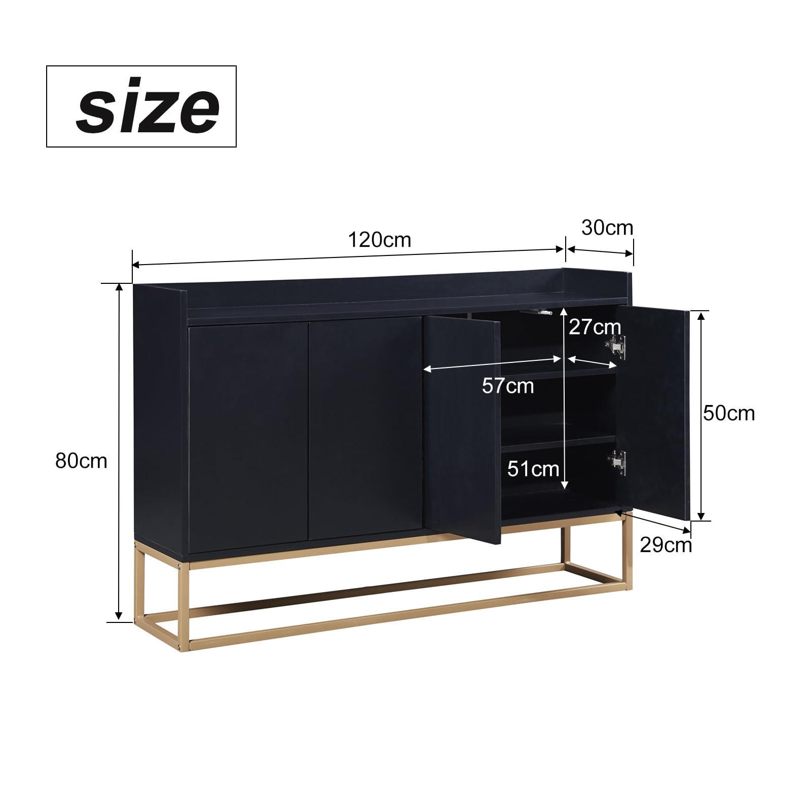 Buffet - Credenza larga 120 cm - Mobile buffet moderno con 4 ante - Con ripiano regolabile e piedini in metallo - Per soggiorno e sala da pranzo e cucina - Nero