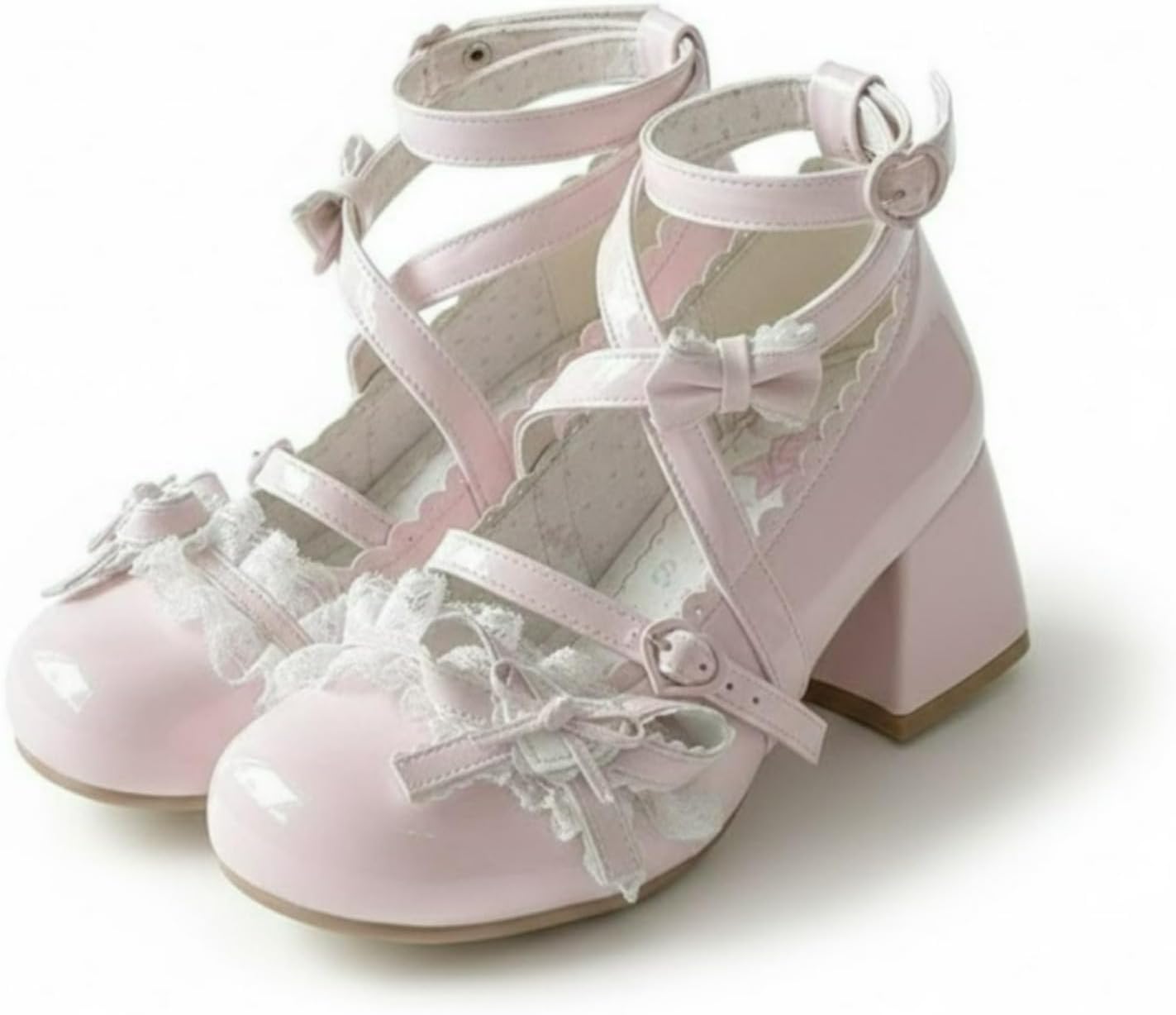 Kawaii Lolita Mary Jane Shoes Women Patent Leather Chunky Block High Heel Pumps for Cosplay Party School Uniform Sweet Bowknot Lace Ruffle Ankle Strap