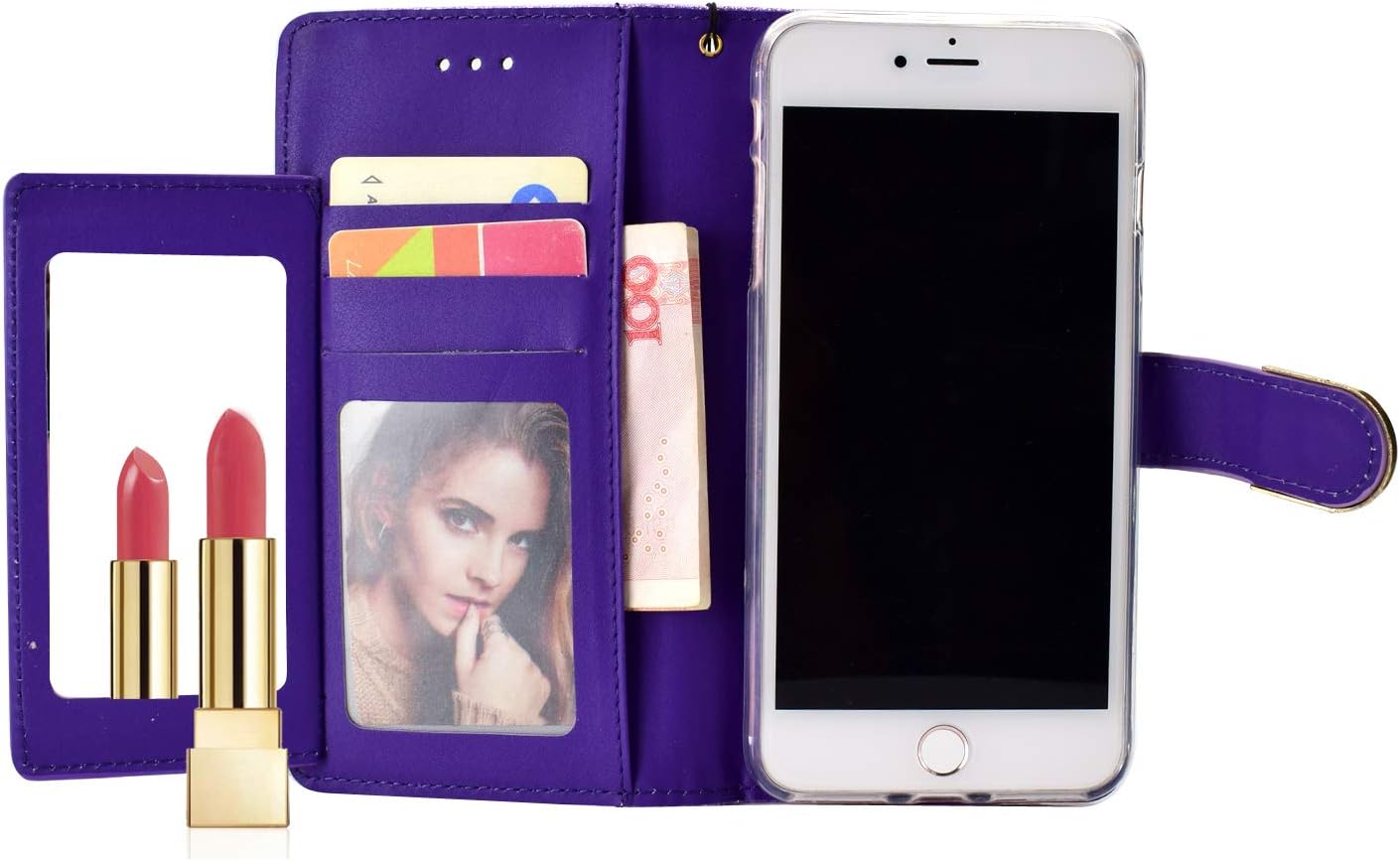 UEEBAI Wallet Flip Case for iPhone 7 Plus, Glitter PU Leather Cover with Mirror [Diamond Buckle] [Card Slots] [Magnetic Clasp] Stand Function Gems Soft TPU Case for iPhone 7 Plus/8 Plus - Purple