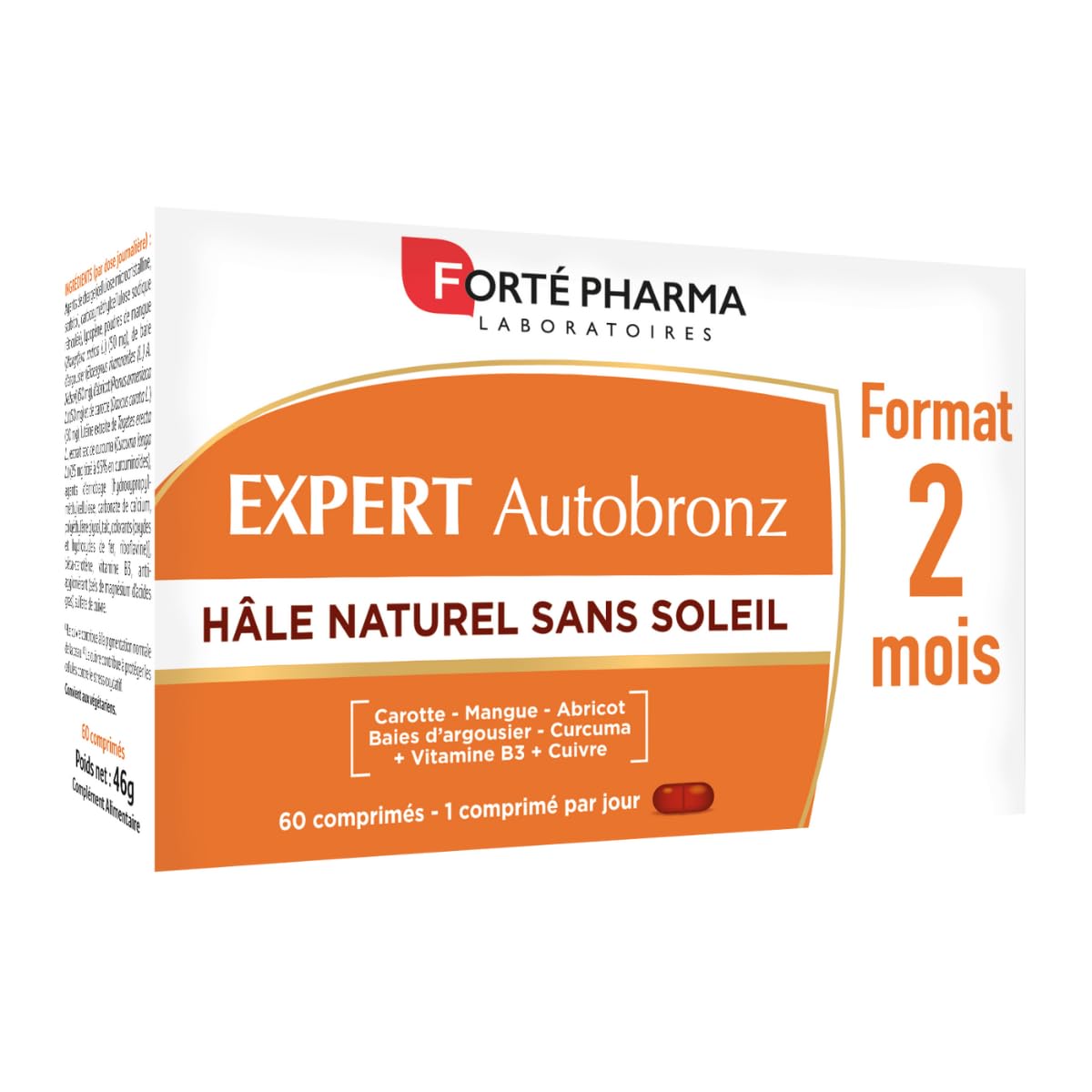 Forté Pharma - Expert Autobronz - Complement alimentaire bronzage, Hâle naturel & Autobronzant sans soleil - Cuivre, Carotte, Mangue, Abricot, Cucruma, Vitamine B3-1/jour, 60 jours