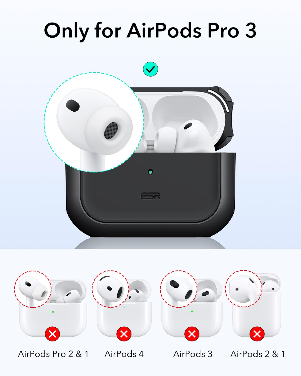 ESR Custodia per AirPods Pro 3, Compatibile con la custodia AirPods Pro di 3a Gen (2025), Compatibile con MagSafe, Protezione completa contro le cadute, Cordino incluso, Nero