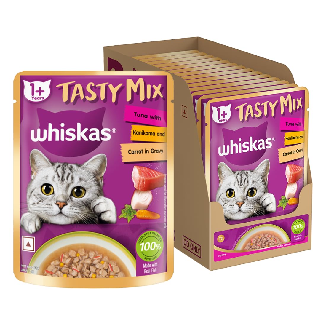 Tasty Mix Adult (1+ Year) Wet Cat Food, Tuna with Kanikama & Carrot in Gravy, 70g, Pack of 14| Made with Real Fish| Complete & Balanced Nutrition for Adult Cat