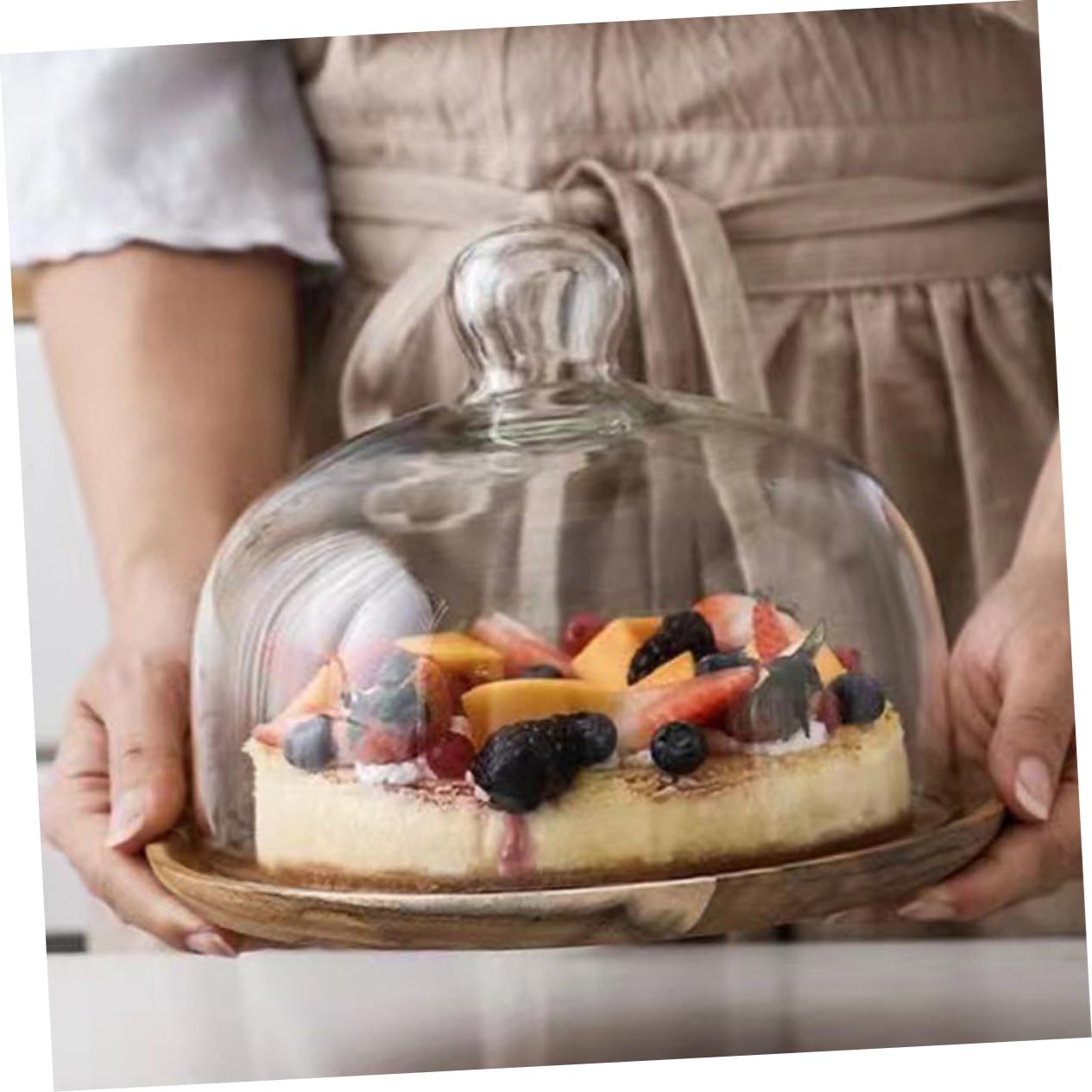 Ciieeo Alzata Per Torte Cupola in Vetro e Base in Legno Piatto Per Torta Da Forno Vassoio Per Servire Torte Di Compleanno e Snack