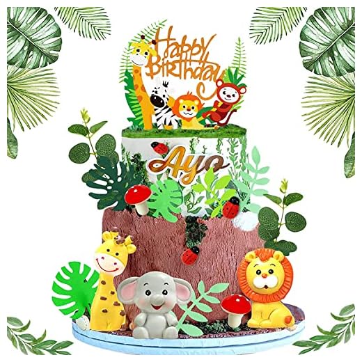 19PCS Safari Jungle Wild Animals Cake Toppers Mushroom Cake Toppers Spring Insect Cake Toppers with Animal Toys Happy Birthday Topper Leaves for Girls and Boys Jungle Themed Party Baby Shower Supplies