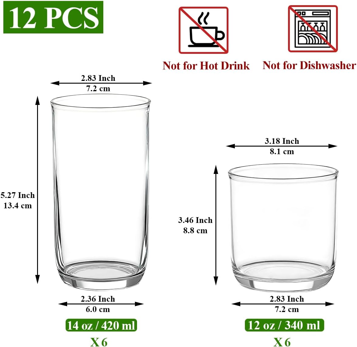 Kyraton Drinking Glasses Set of 12, PET Clear Plastic Highball Glasses 14oz & Whisky Cocktail Glasses Set 11.5oz, Heavy Duty Unbreakable Water Glasses Cup Tumbler Glassware for Beer, Juice, Milk