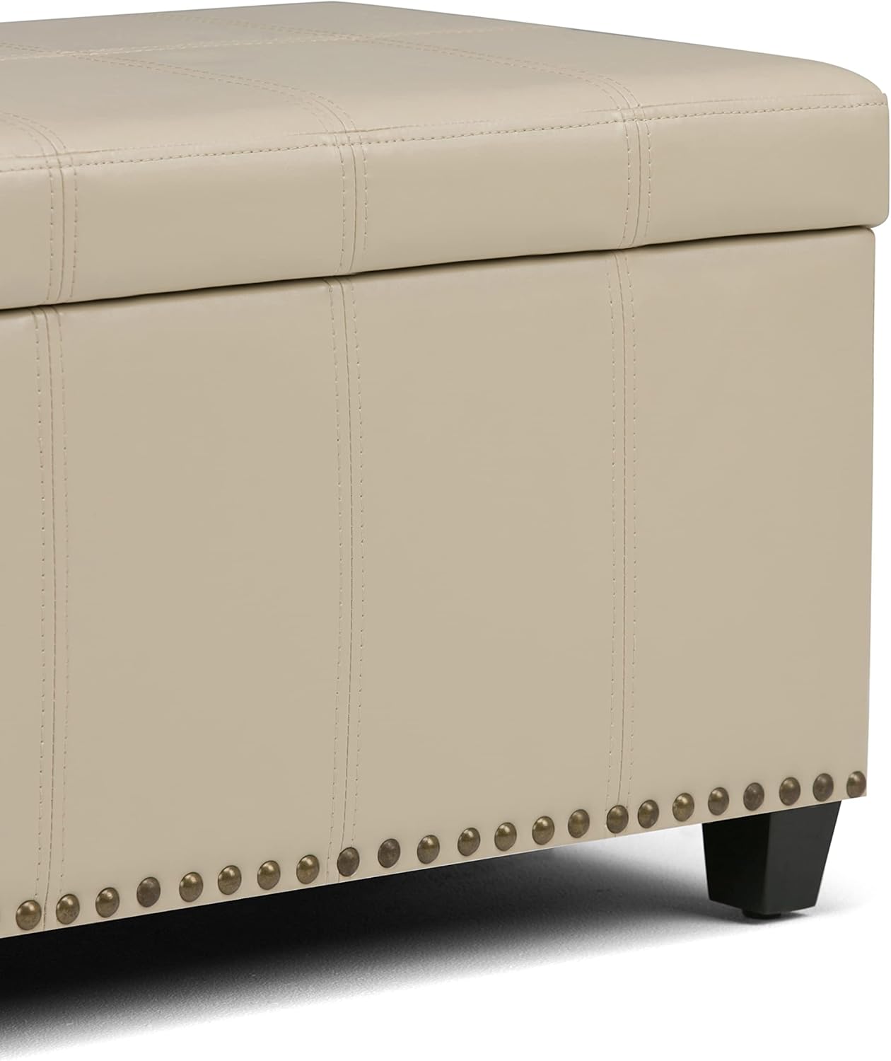 SIMPLIHOME Amelia 33 inch Wide Transitional Rectangle Storage Ottoman Bench in Satin Cream Vegan Faux Leather, Assembled, For the Living Room, Entryway and Family Room