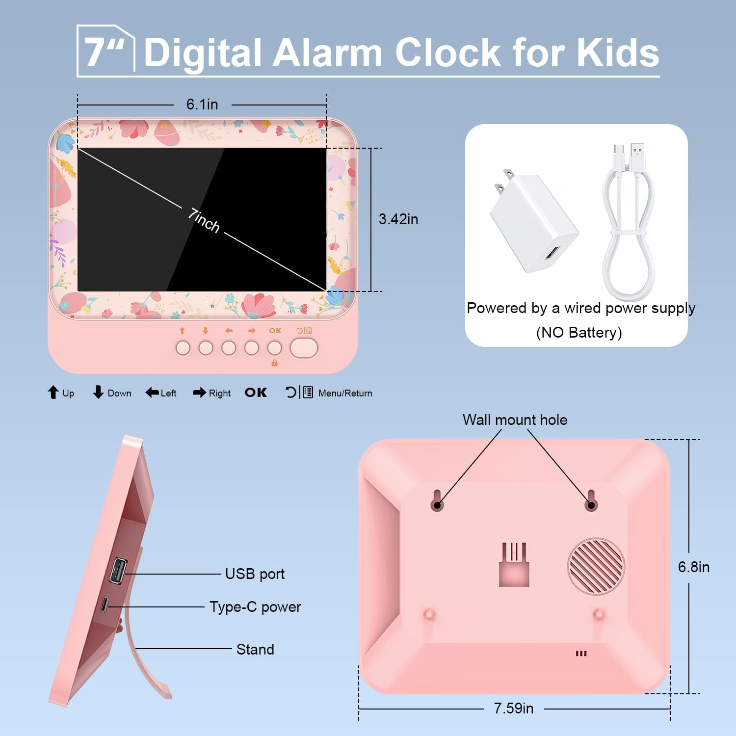 戻る view of the Lemnoi SG7 Kids Digital Alarm Clock showing USB and Type-C ports