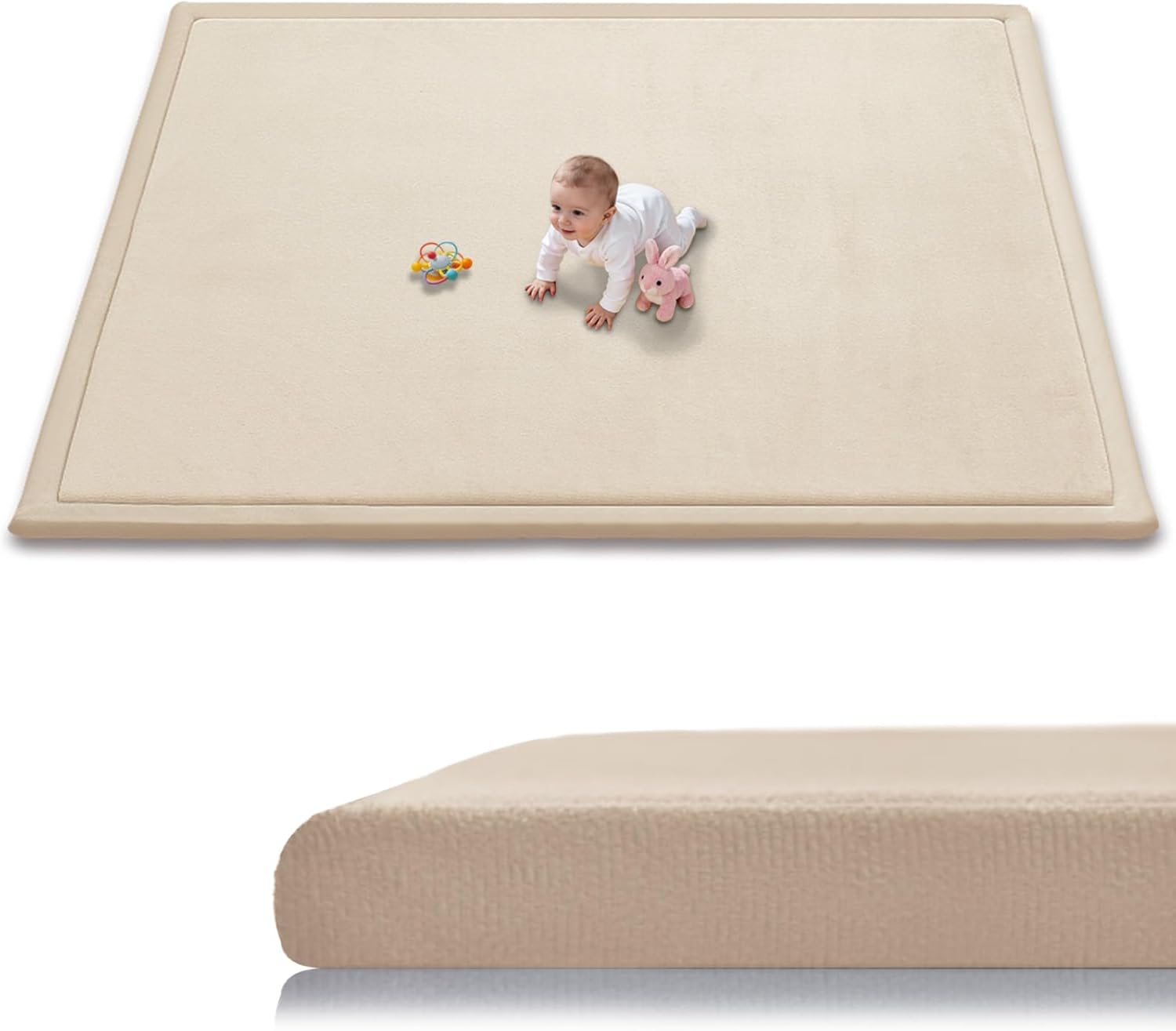Baby Play Mat for Floor, 1.3 Inch Thick Memory Foam Tummy Time Mat with Non Slip Backing, Soft Coral Velvet 59X71 Inch Playpen Mat Crawling Tatami for Infants Toddlers Kids, Beige