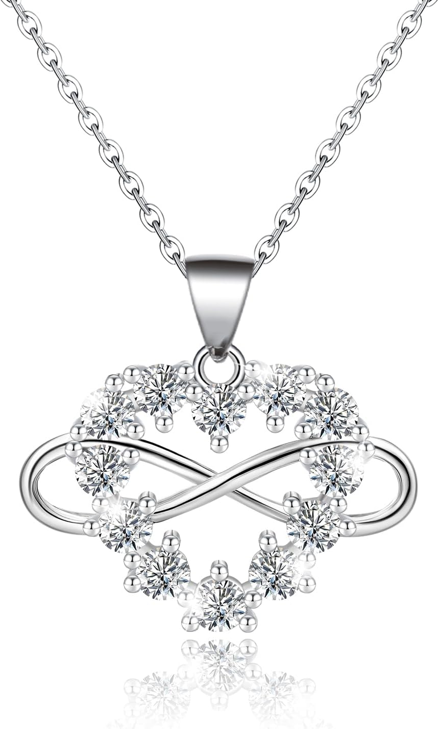 Infinity Heart Necklace for Women S925 Sterling Silver Cubic Zirconia Love Heart Pendant Infinity Necklace Heart Necklace Birthday Anniversary Graduate Romantic Gifts for Women Girlfriend