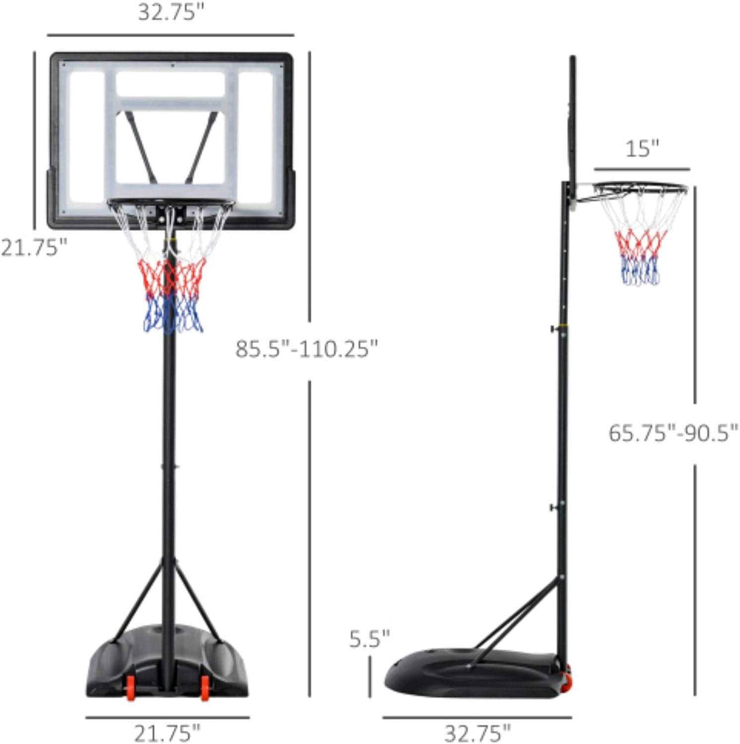 Portable Basketball Stand, Outdoor Basketball Stand, 5.5 Ft - 7.5 Ft Height Adjustable, with 33 Inch Backboard and Wheels, Suitable for Children, Teenagers and Adults