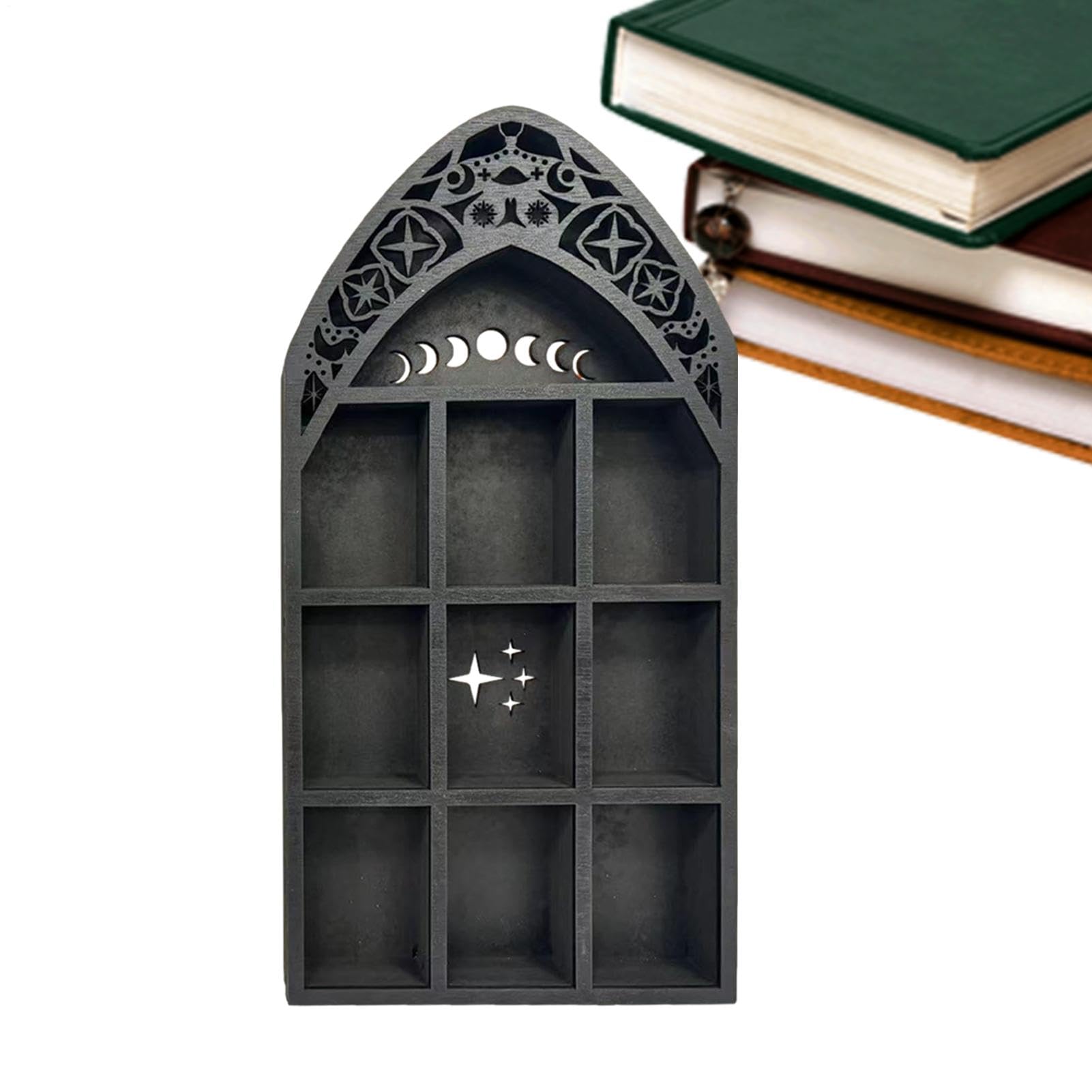 Präsentation von Moon Shelf, ein solides und robustes Regal mit einem Durchbruch aus Sonne, Mond und Sternen in der Mitte. Wandregal aus Holz – Stab