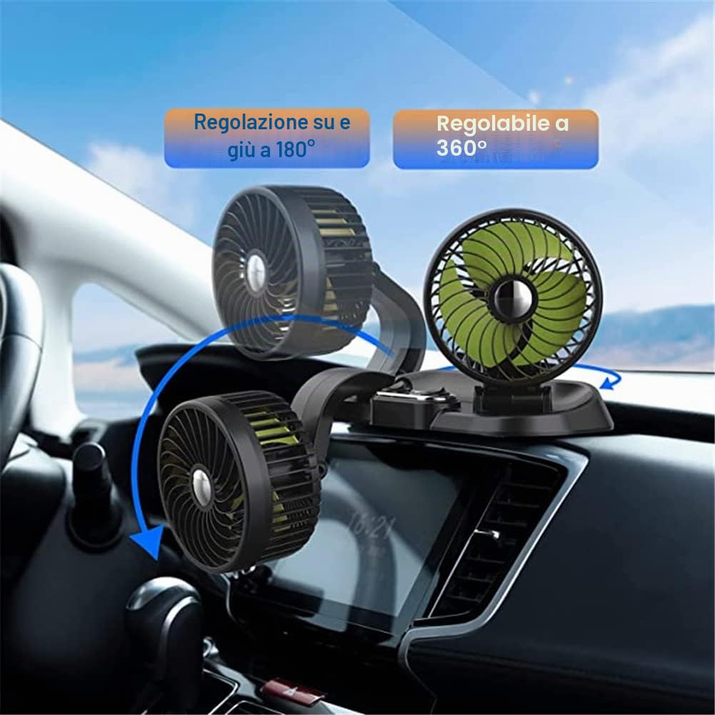 singolo doppio ventilatore di raffreddamento per auto per cruscotto 5V/12V/24V, 360 gradi rotante telescopico doppia testa Fan (C USB)