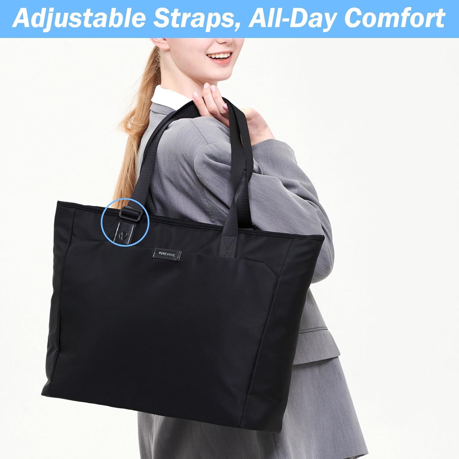 PUREVAVE Large Laptop Tote Bag for Women, Adjustable Shoulder Straps - Image 2