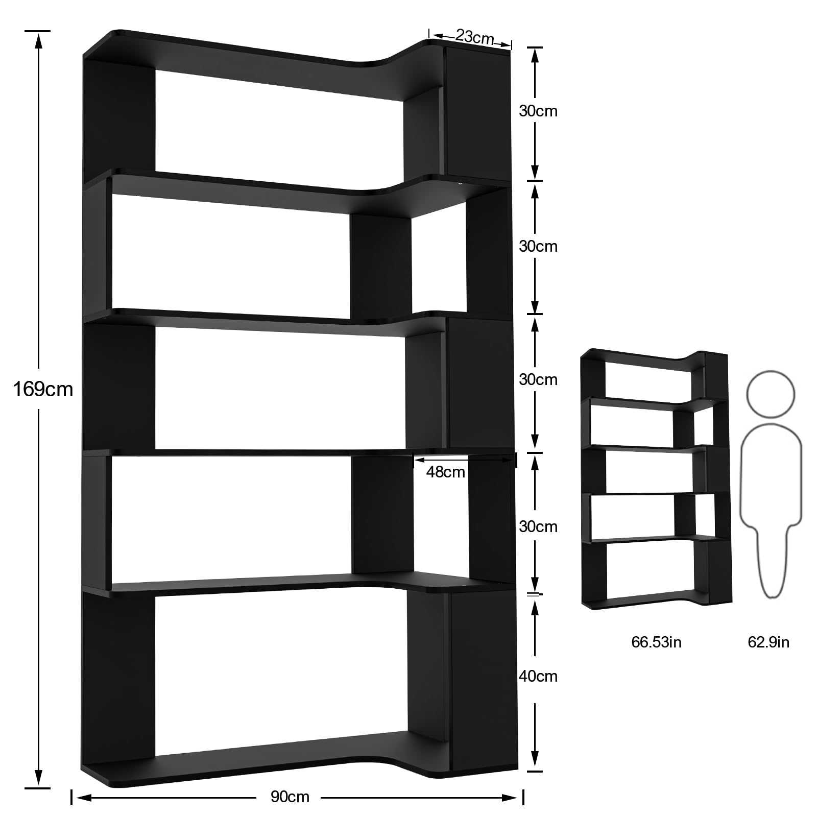 Eckregal 5 Ebenen, Standregal Großes Modernes Eck-Bücherregal, L-Förmiges Offenes Bücherregal, Eckregal Wohnzimmer Holz, Standregal aus Bambus für Schlafzimmer, Büro, Arbeitszimmer Schwarz