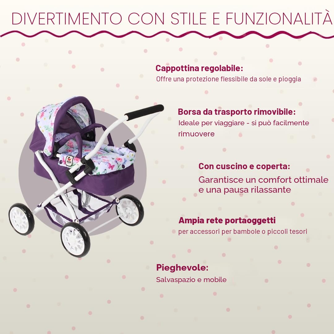 Bayer Chic 2000 - Passeggino per bambole Smarty, piccolo passeggino per bambini dai 2 anni in su, fiori, lilla