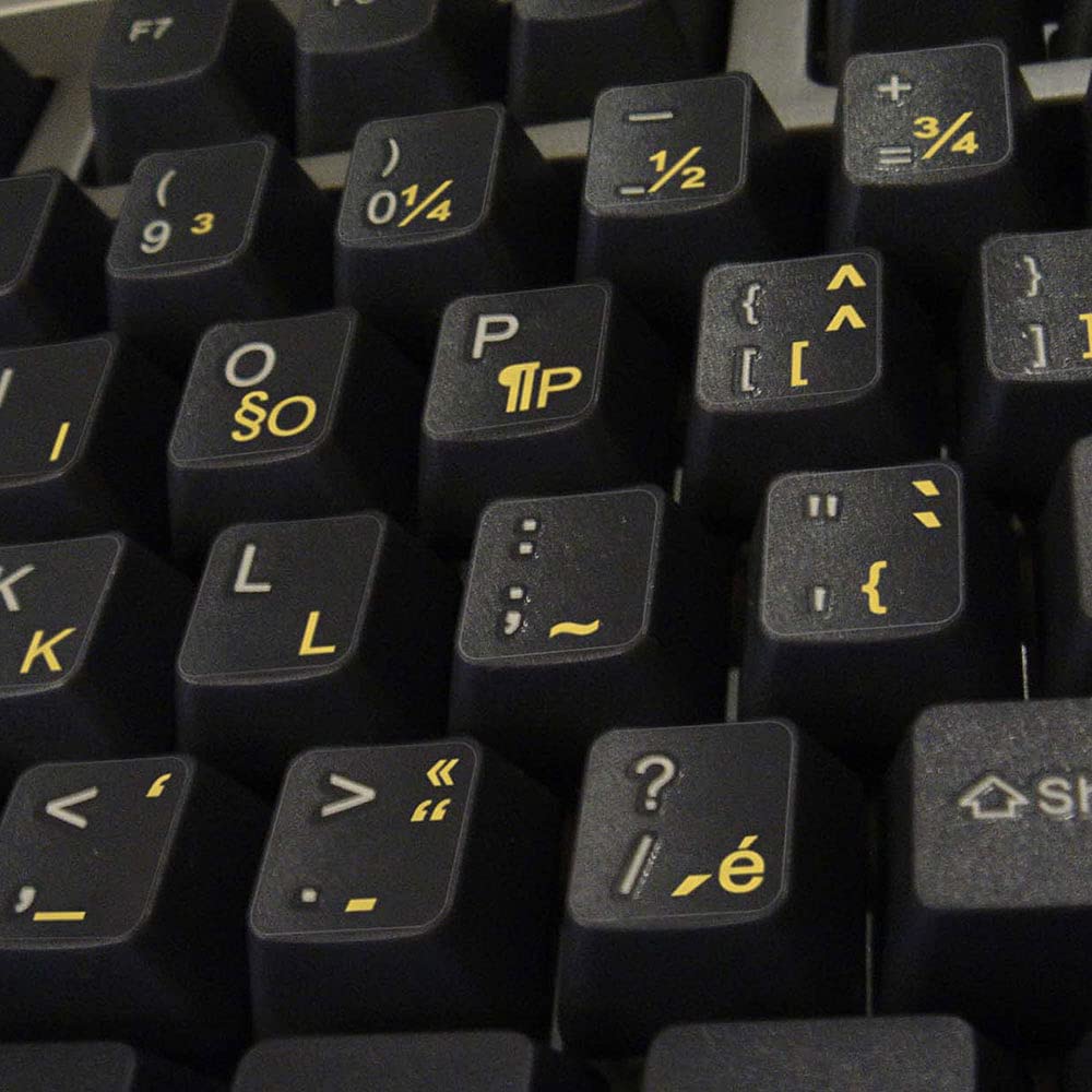 French QWERTY Canadian Keyboard Sticker with Yellow Lettering Transparent Background