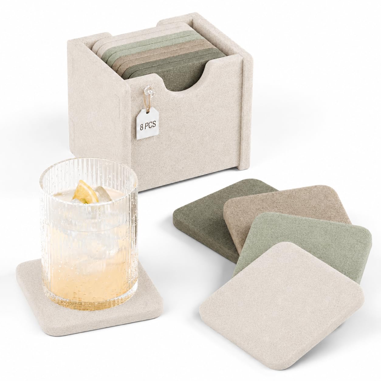 Fluxynara Felt Drink Coasters with Holder, Square, Set of 8, Linen Dusk