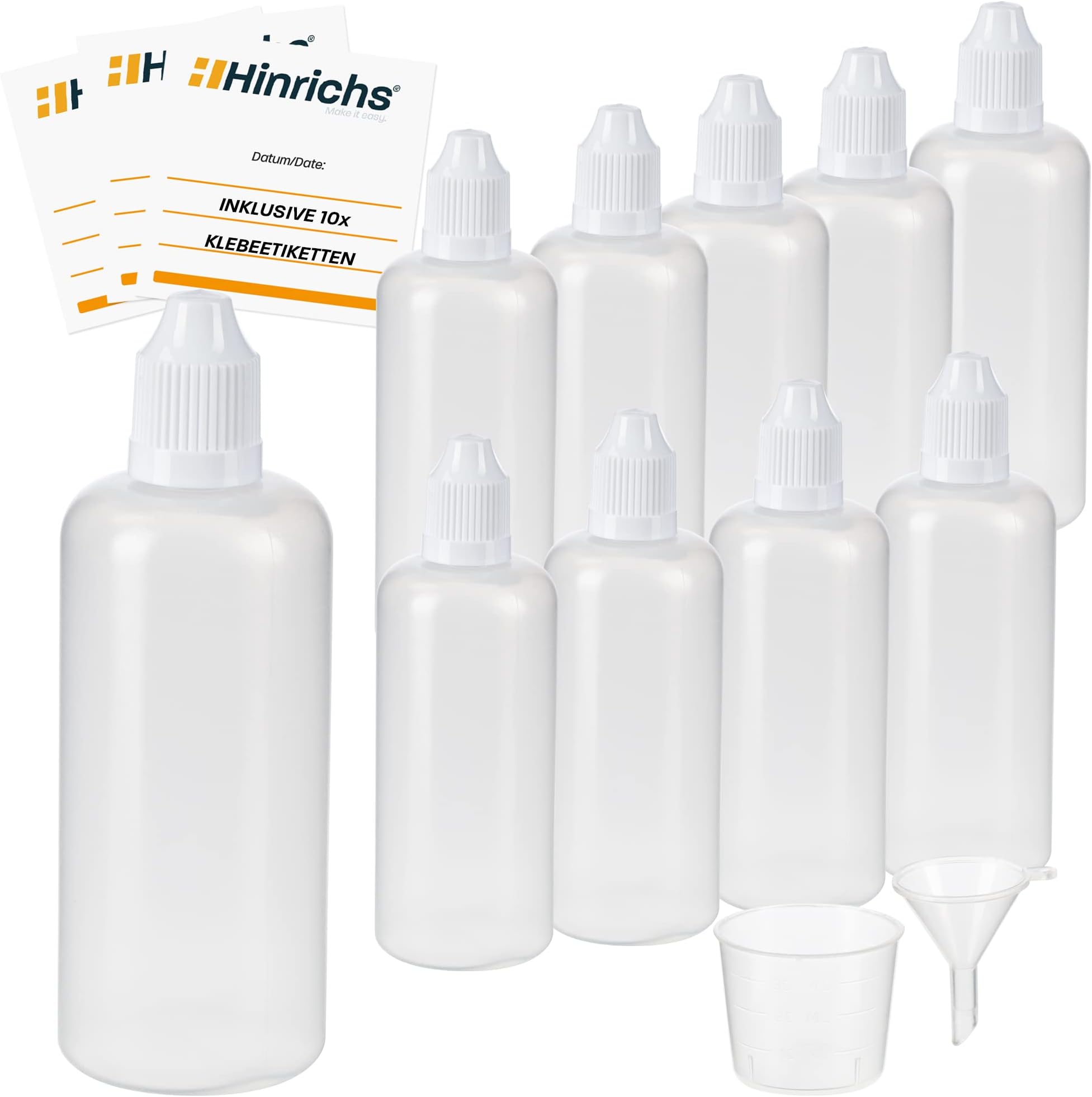 Hinrichs 10 x 100ml Squeeze Bottle with funnel measuring beaker and 10 labels - measure store liquids - child-proof lock - Squeezy Bottles LDPE material â€“ Wash Bottle - Squeezy bottle