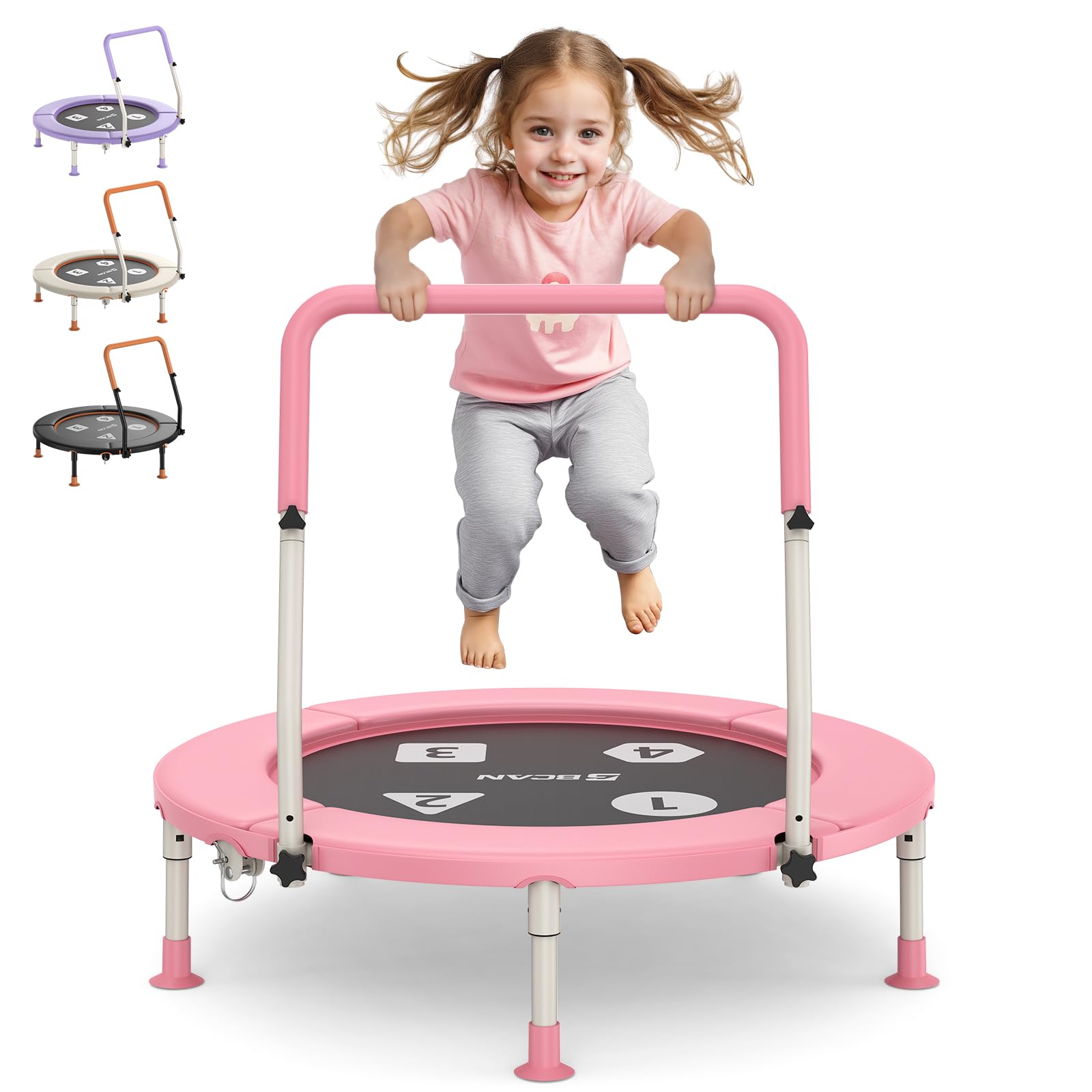 BCAN 36'' Mini Toddler Trampoline, Adjustable Big Handle & Safety Pad & Folding legs, Foldable & Silent, for Kids Aged 1-6 Indoor & Outdoor, Max Load 45kg