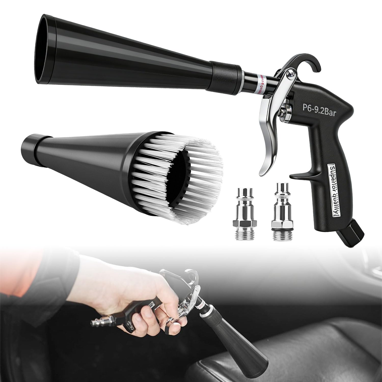 Pistola Aire Comprimido Alta Presión Limpieza Pistola de Aire Comprimido | Pistola de Limpieza de Aire Comprimido en Seco, 2 Boquillas, Soplado Seco con Efecto Torbellino, Cuidado Interior Coche