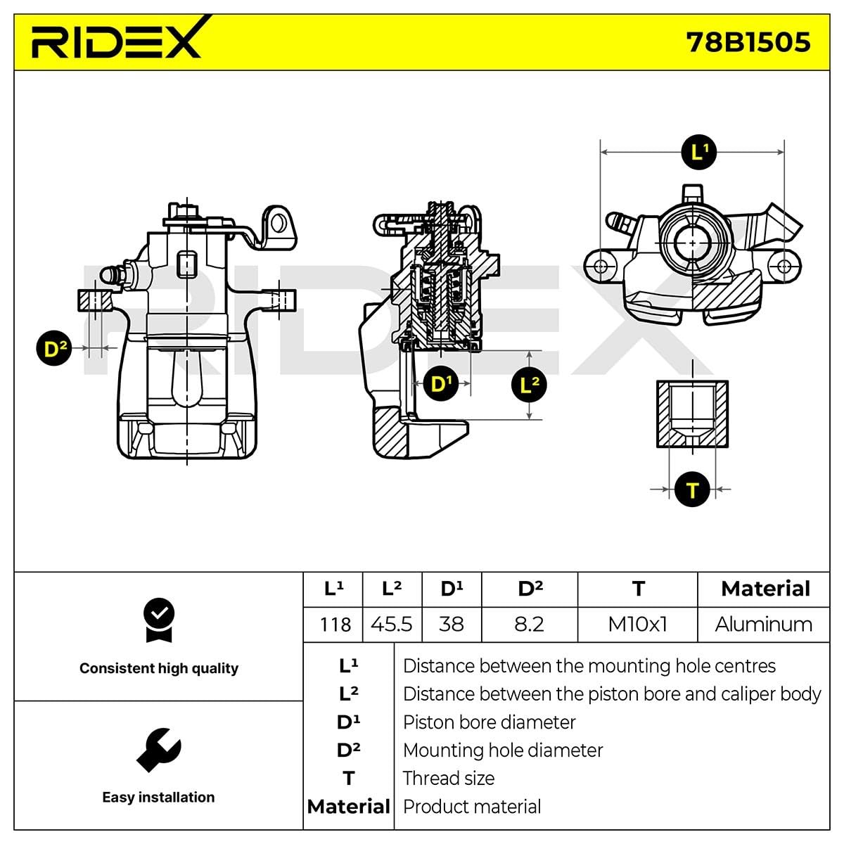 RIDEX 78B1505 Pinza de freno Trasero Derecha Trasero Compatible con RENAULT Avantime Furgón