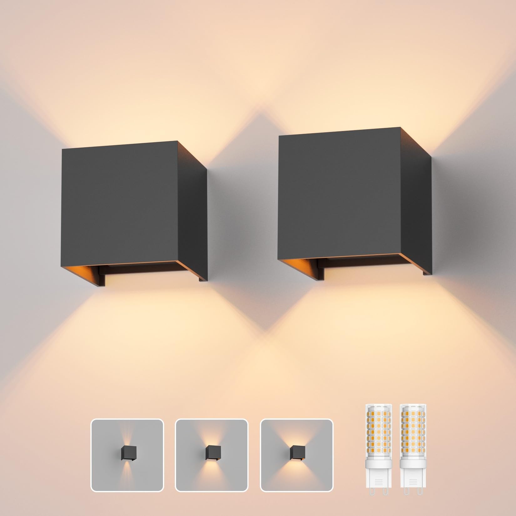 Klighten 2PCS Modern LED Wall Lights Up and Down Wall Lamp Outdoor/Indoor Wall Sconce Lights, Adjustable Beam Angle, Warm White 3000K, Dark Grey (G9 LED Bulb Include)