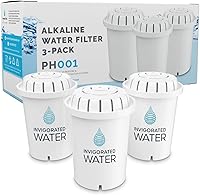 Invigorated Water PH001 Alkaline Replacement Filters (3-Pack) - BPA-Free, Removes Chlorine & Heavy Metals, Raises pH, 96 Gallons Each for Pitchers