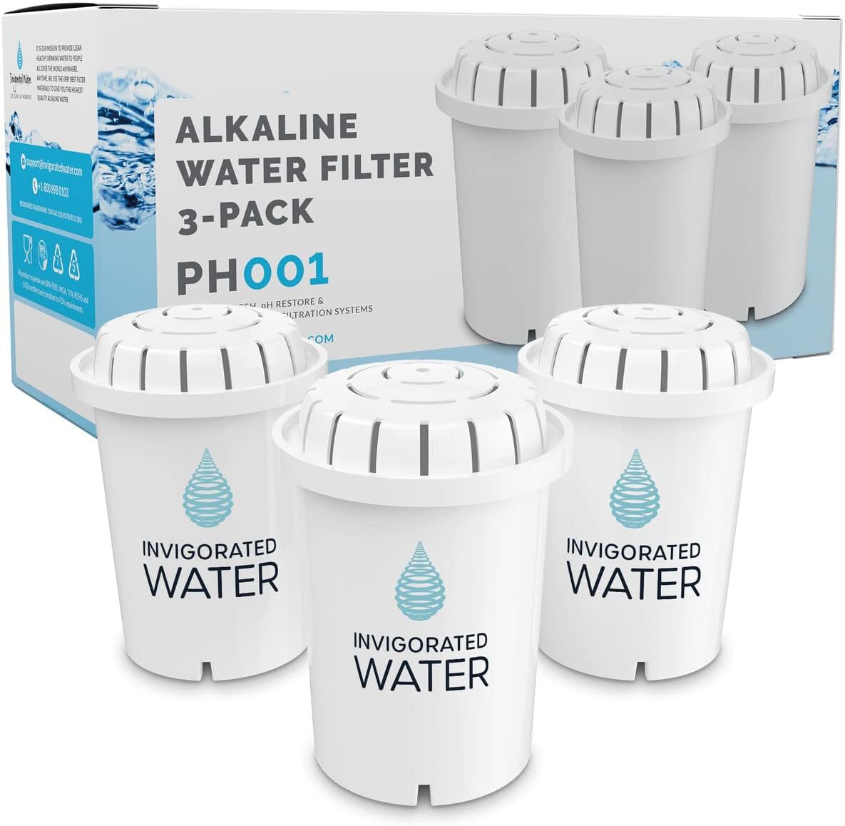 PH001 Alkaline Water Filter - Replacement Water Filter By Invigorated Water - Ionized Water Filter Cartridge - For Invigorated Living Pitcher, Ionizer, Purifier, 96 Gallon Capacity (3 pack)