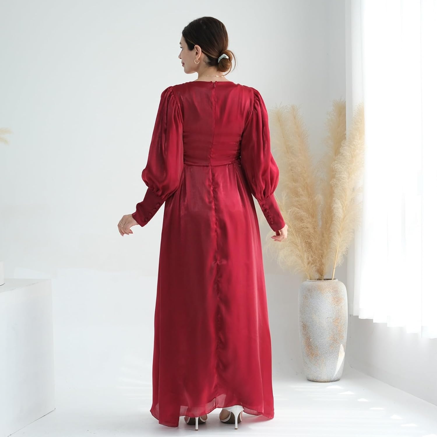 Hanimeli Women's Organza Abaya Evening Gown with Corset Detail Long Puff Sleeves Maxi Dress Special Occasions Wedding Prom